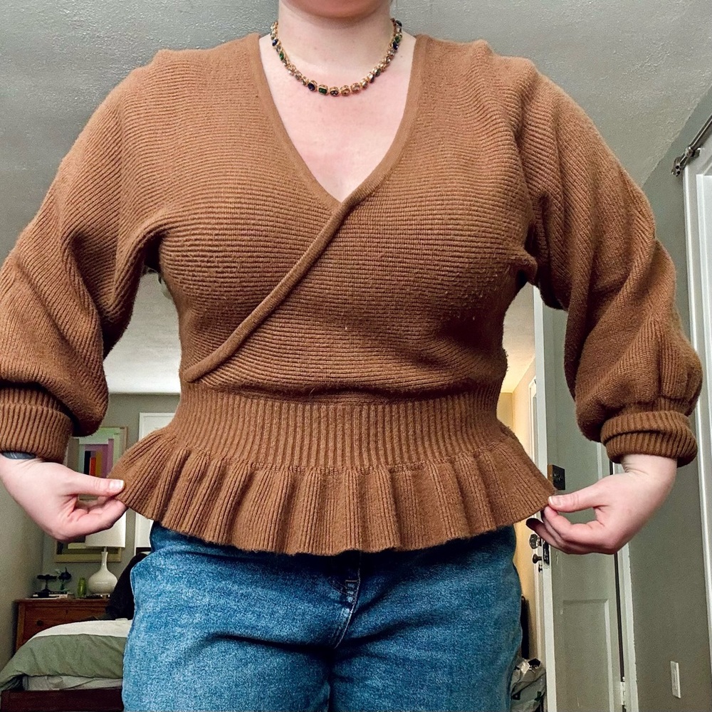 Express peplum top in warm caramel brown sweater